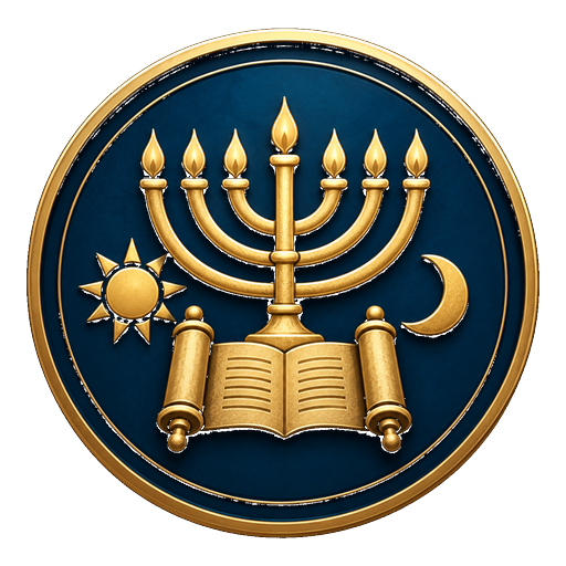 Emblema Principiilor Bisericii: menorah și sul, auriu pe fond albastru